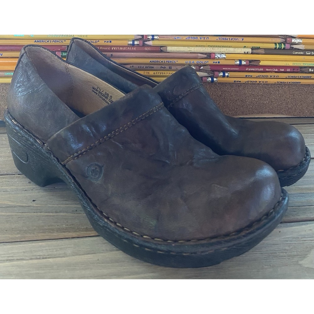Born Brown Clog Block Heel Soft Leather Slip on Shoes Size 7.5 US 38.5 EU